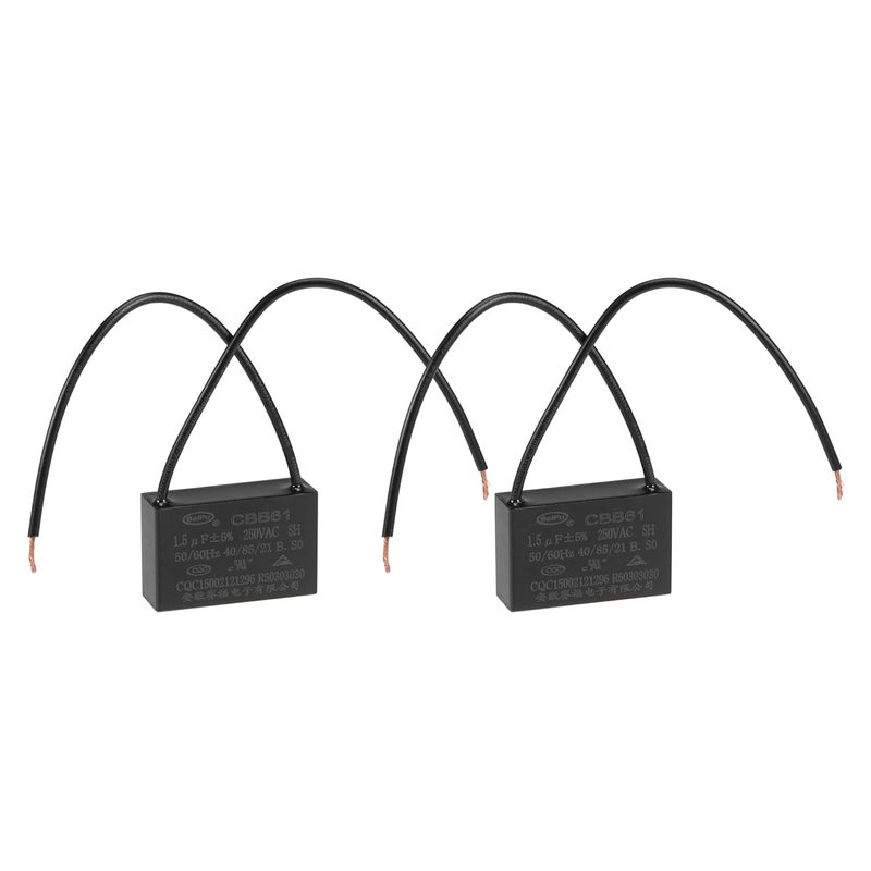 uxcell مكثف مروحة السقف CBB61 1.5uF 250V AC 2 أسلاك مكثف فيلم بولي بروبيلين معدني 37x24x13 مم لمروحة كهربائية مضخة محرك مولد 2 قطع - Image 1